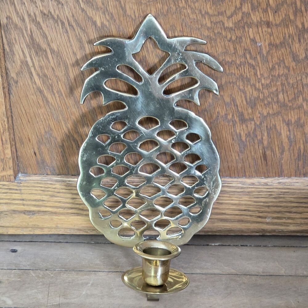 VTG Brass Pineapple Wall Mount Candle Holder 10" Tall Fruit Hawaii Boho Decor